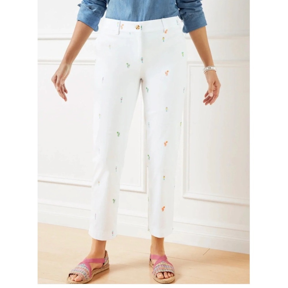 Talbots Slim Perfect Crop Pant Size 14 White Cocktail Drink Embroidery NWT
